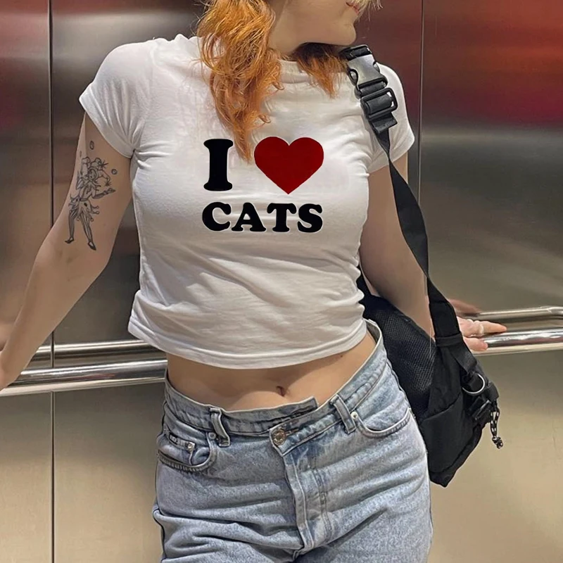 I LOVE CATS Pattern Print Fairy Core Cute Crop Top Baby Slim Tees Summer Women O-neck Short Sleeve T-shirt All-match Streetwear