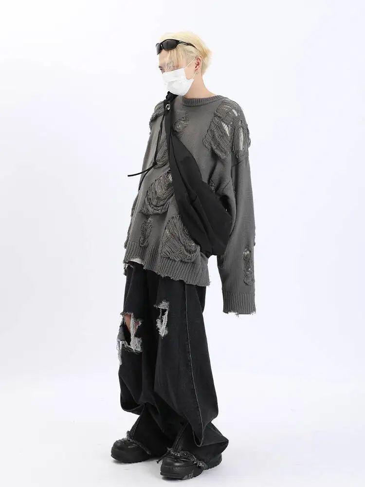 Distressed Hollow Out Reversible Knit Jacket for Men Subculture Style Heavy Duty Lazy Style Two Piece Sweater