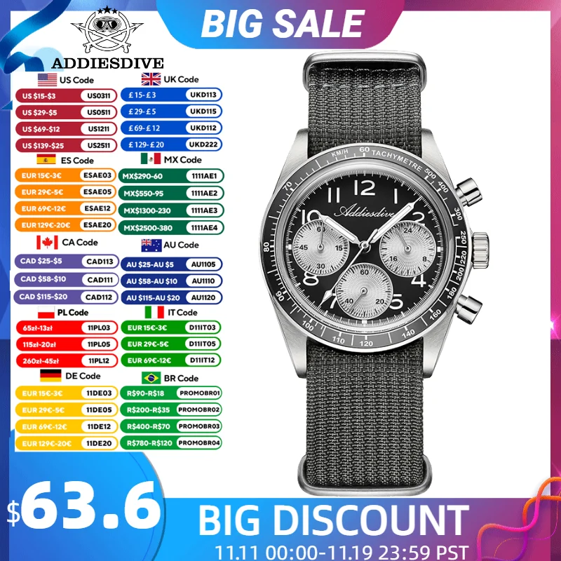 

ADDIESDIVE New Men Quartz Watch Japan VK63 Movement Luxury Ceramic Bezel Chronograph Wristwatch Luminous 100m Waterproof Diving