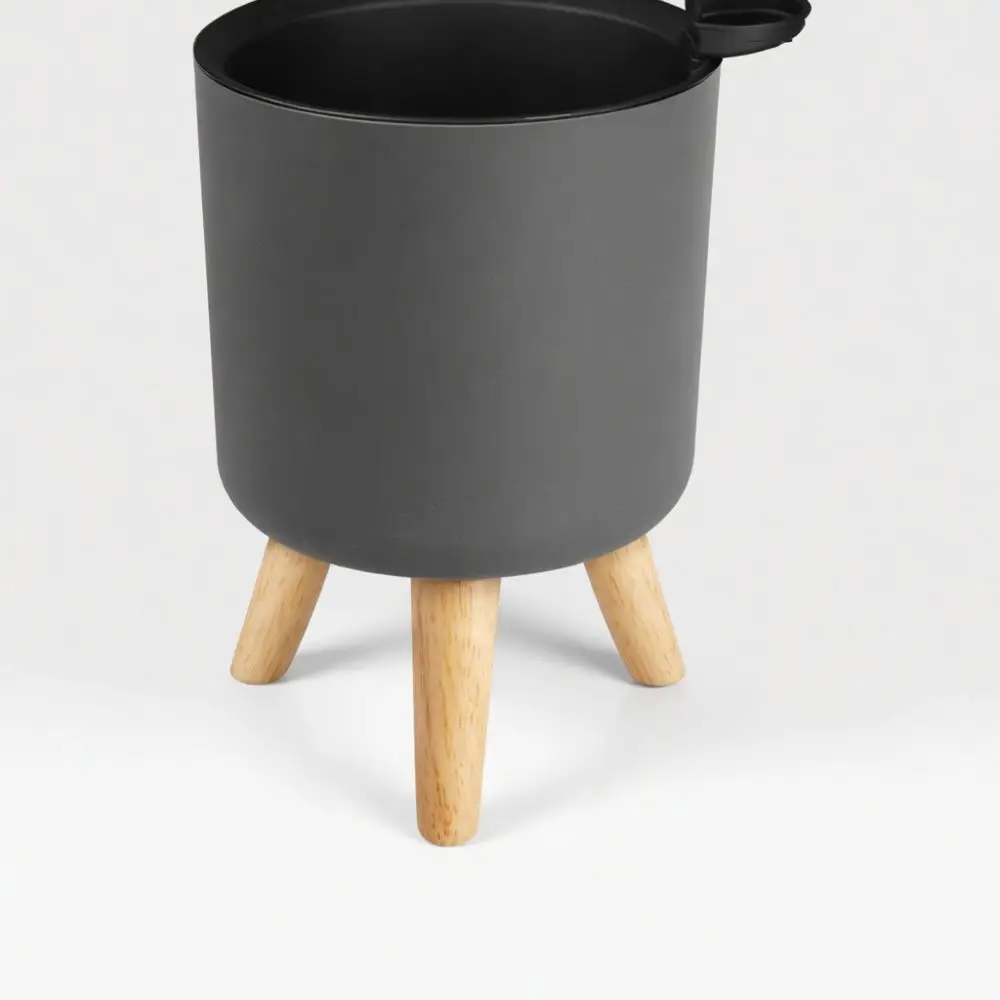 Decorative Self Watering Flower Pot Round Plastic Planter With Wood Legs Modern Indoor Plant Basin Home Decor Gadget