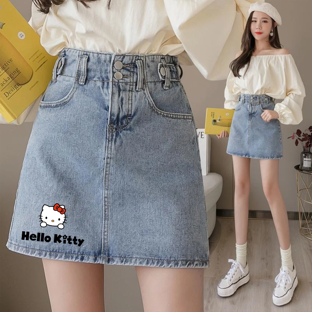 Hello Kitty Y2K Kawaii Denim Short Skirt Sanrio Anime Cute Summer Elastic Waist Denim Skirt Casual Student High Waist Look Thin