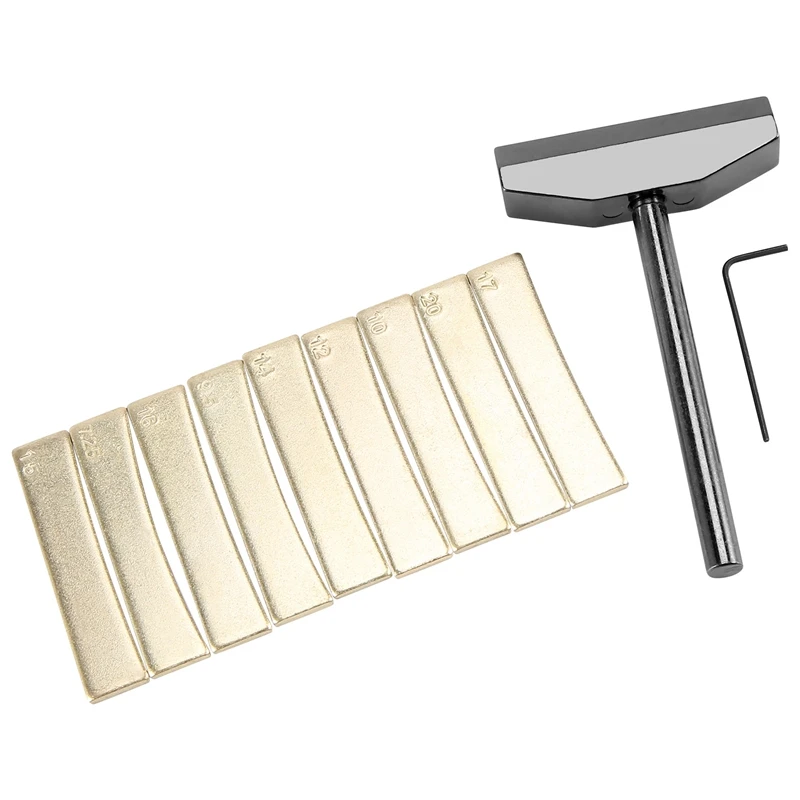 

A57T Luthier Tools Set Guitar Bass Fret Press Caul Fingerboard Pressing Tool + 9Pcs Brass Radian Fret Inserts with Hex Wrench