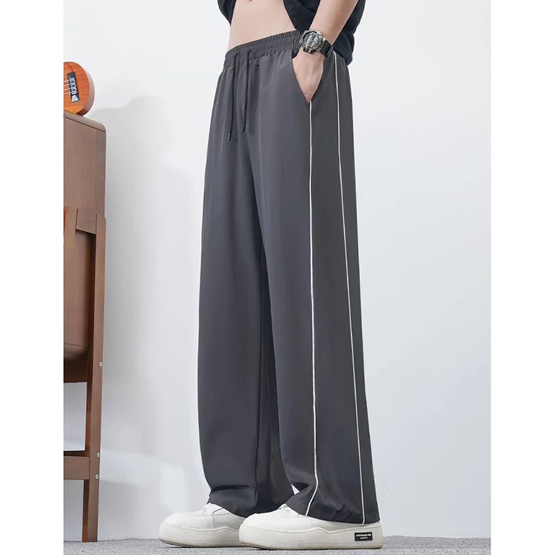 

Men Summer Stretch Quick Drying Loose Wide Leg Trousers Fashion Versatile Spliced Sweatpants Male Ice Silk Breathable Slacks