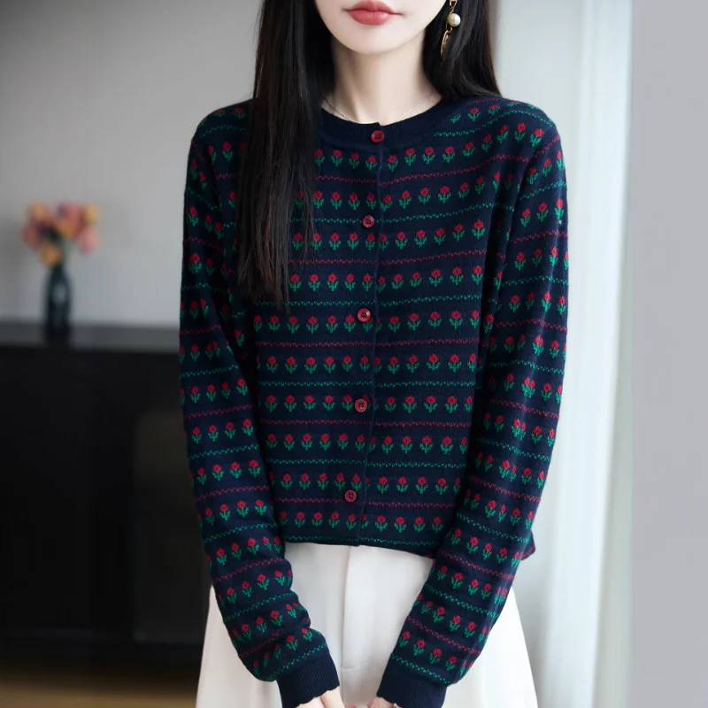 المرأة مكتب تنوعا زهرة صغيرة الصوف سترة أنيقة موضة تريكو ربيع الخريف جديد الحد الأدنى سترة سترة