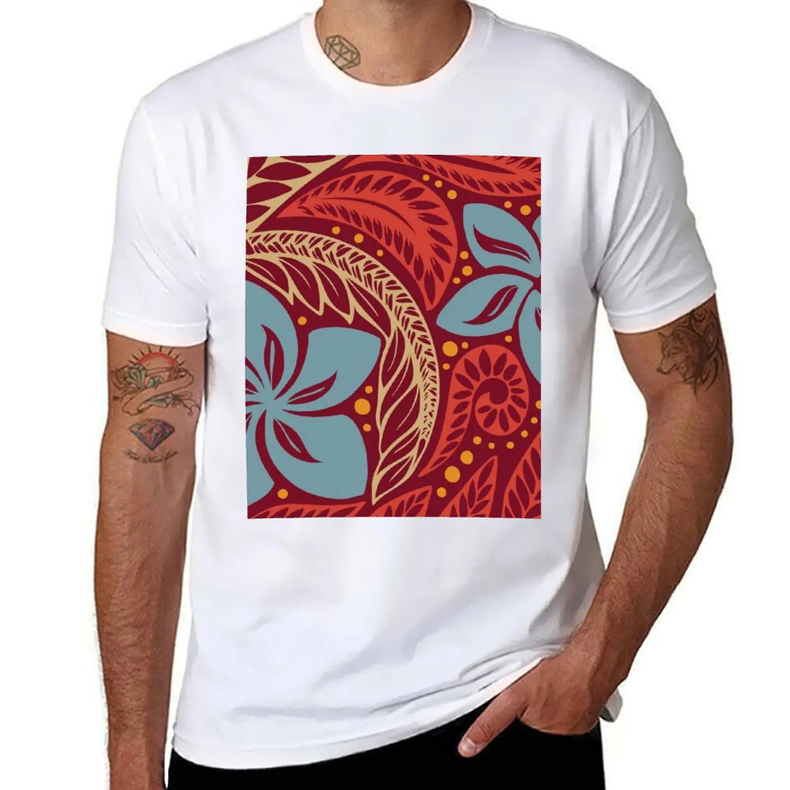 

Polynesian Hawaiian red blue floral tattoo design T-Shirt funny t shirts man cotton t shirt pack T-Shirt