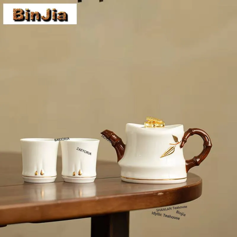 

Relief Bamboo Knot Ice Seed Sheep Fat Jade Tea Set Complete Set Ancient Tea Ceremony Set Teapot And Tea Cup Set Drinkware Craft