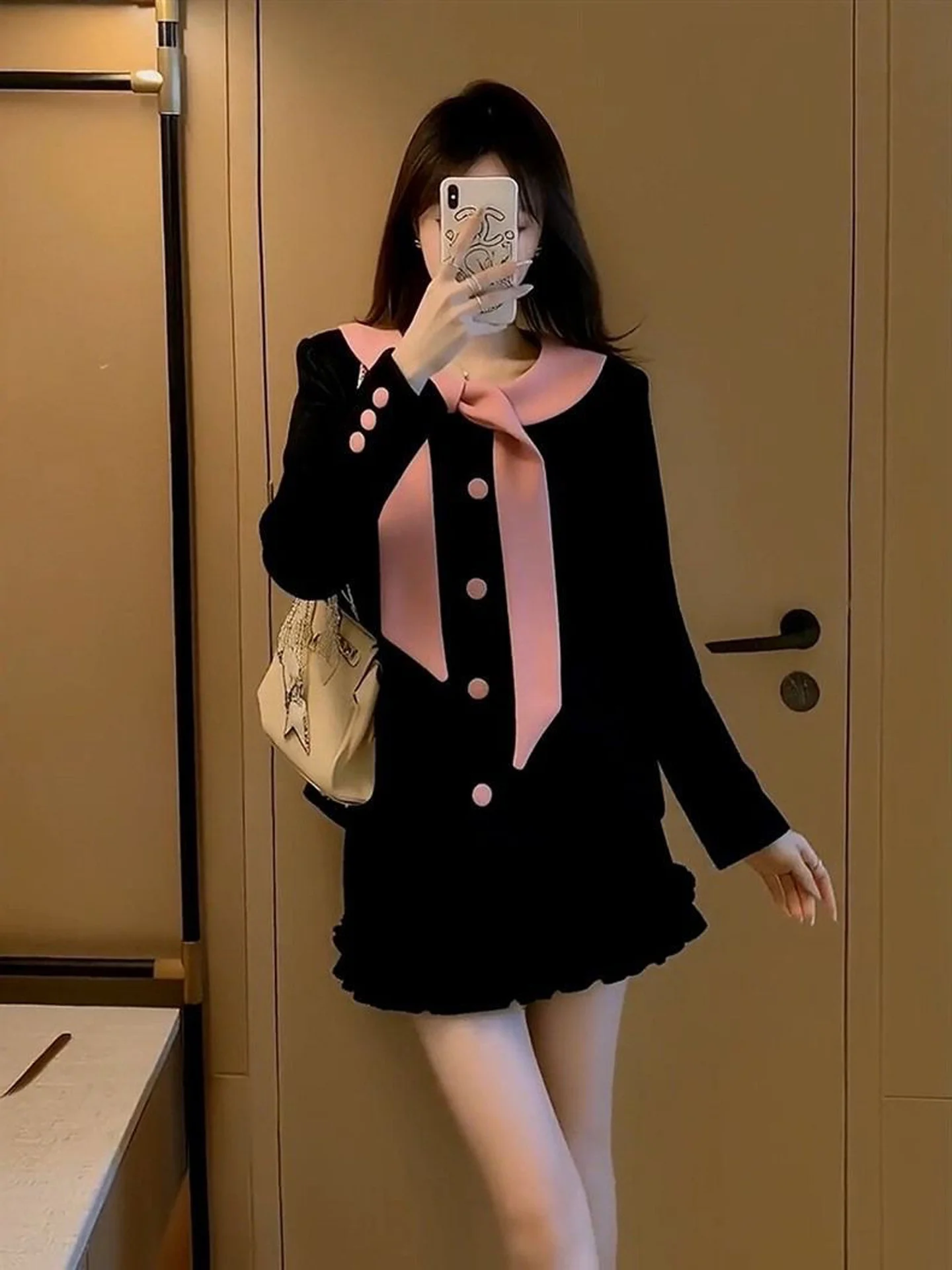Elegant Black Two-Piece Set Women's Fashion Spring Autumn High Waist A-Line Skirt Top Half Body Skirt Set Commute Simple Style
