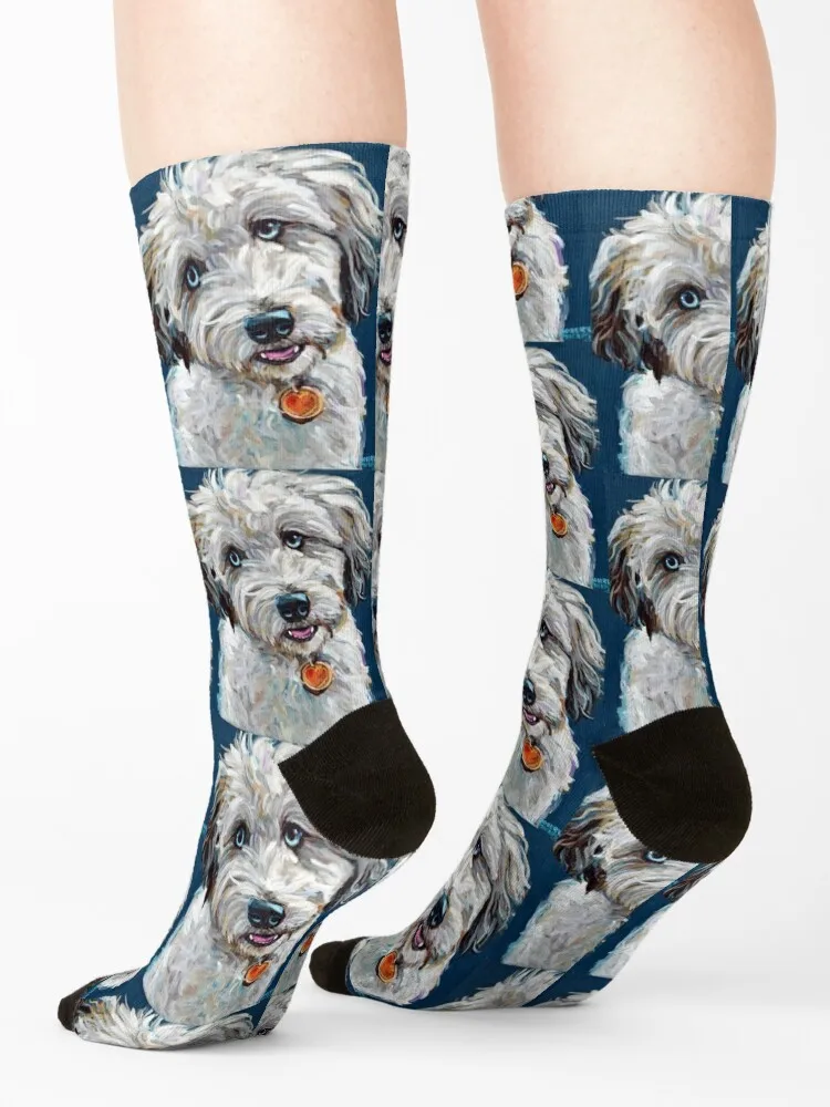 Cute Blue Eyed Aussiedoodle Socks winter thermal anti-slip New year's cotton Women's Socks Men's