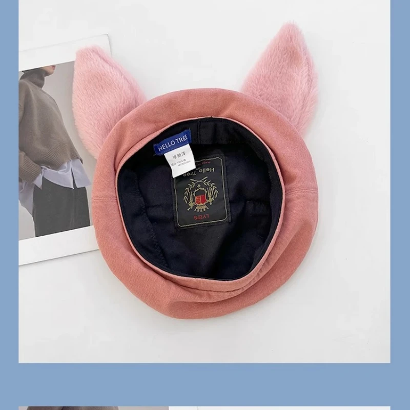 Japanese Cute Rabbit Ears Beret Cowboy Spring and Autumn Trend Personalized Street Solid Color Painter Hat for Women