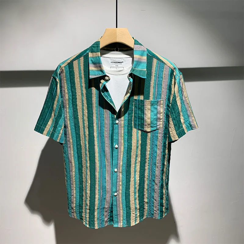 Light Luxury Fashion Contrasting Striped Splicing Shirt Summer Fashion Men's Casual Versatile Handsome Short-sleeved Shirt