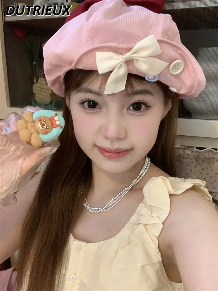 Japanese Sweet Cute Girls Bow Button Beret Caps Women's Summer Thin and All-Matching Show Face Small Octagonal Painter Hat