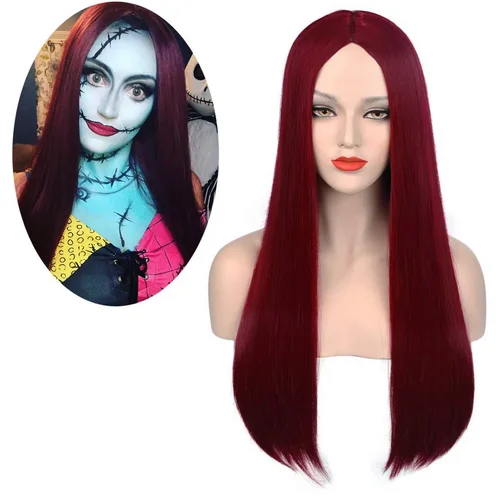 Red Sally Wig Sally Costume Wig for Women, Long Straight Red Wigs 23.6 Inch Sally Dark Red Cosplay Wig Middle Part Heat Syntheti