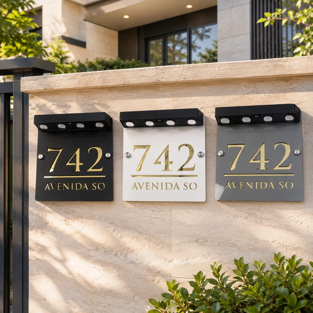 Custom Solar LED House Number Plaque Gold Mirror Acrylic Address Sign Modern Villa Entrance Outdoor Wall Mounted Number Plate