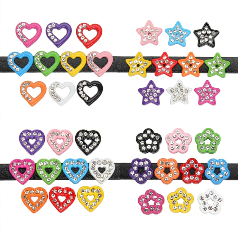 10Pcs/Lot Mix-color Rhinestone Heart Star 8mm Slide Charms Flower For Jewelry Making DIY Bracelet Keychain Accessories Gift