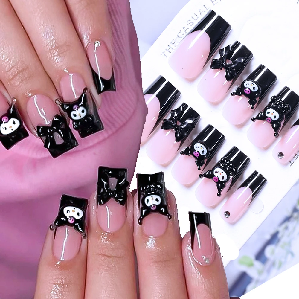 

24Pcs 3D French Kuromi Ballet Press On Nails Y2K Handmade Gothic Kuromi Fake Nails With Black Resin Bow Kuromi Manicure Tips