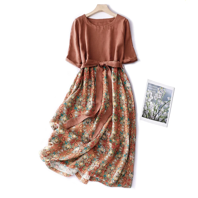 2024 New Summer Women Floral Print Dresses Office Lady Short Sleeve O-Neck A-Line Midi Party Dress Female Lace-up Slim Sundress