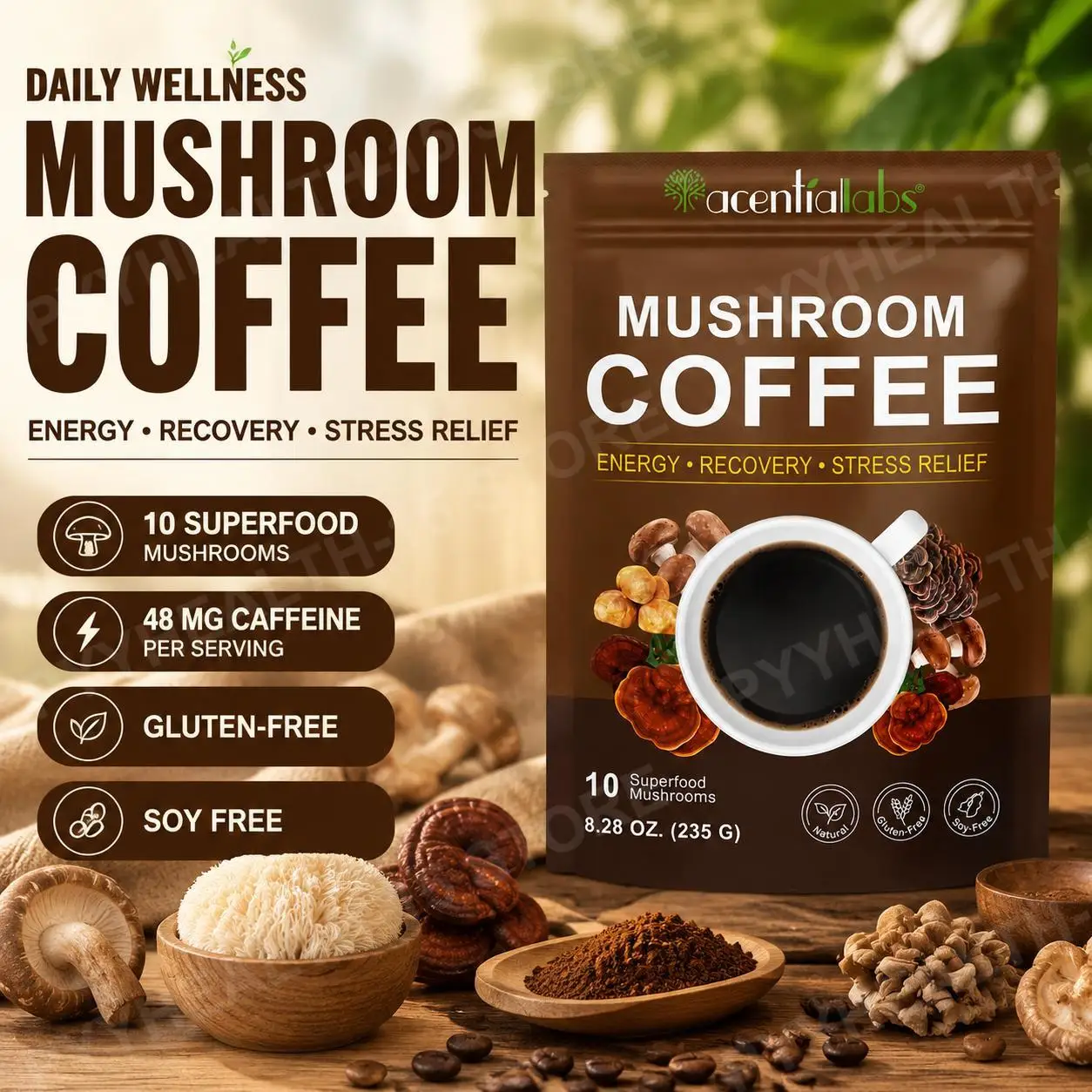 Mushroom Coffee Powder with 10 Functional Mushrooms, 48mg Caffeine, Steady Energy & Focus, Plant-Based, 39 Servings (235g)