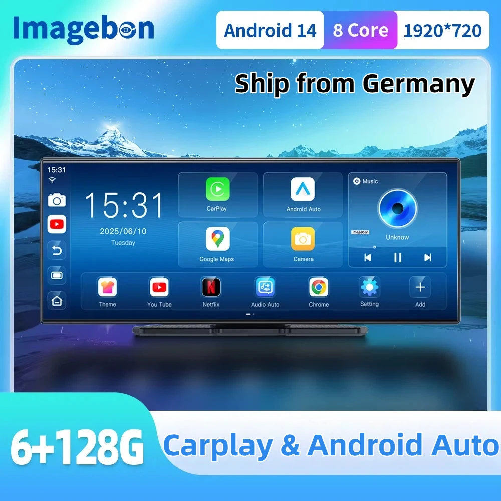 Imagebon W70 11,4 pouces 8 cœurs Android 14 6+128 Go CarPlay & Android Auto Caméra embarquée GPS WiFi Google Play YouTube Netflix Mise à jour OTA DVR