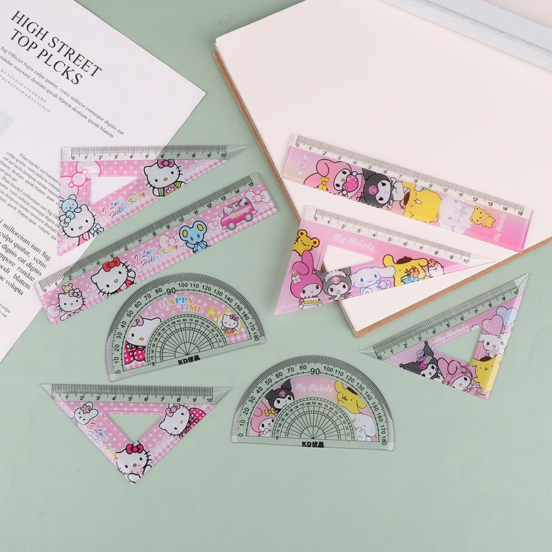 Cartoon Sanrio Student Ruler 4 Piece Set Kawaii My Melody Kuromi Triangular Plate Protractor Measuring Ruler Stationery Set Gift