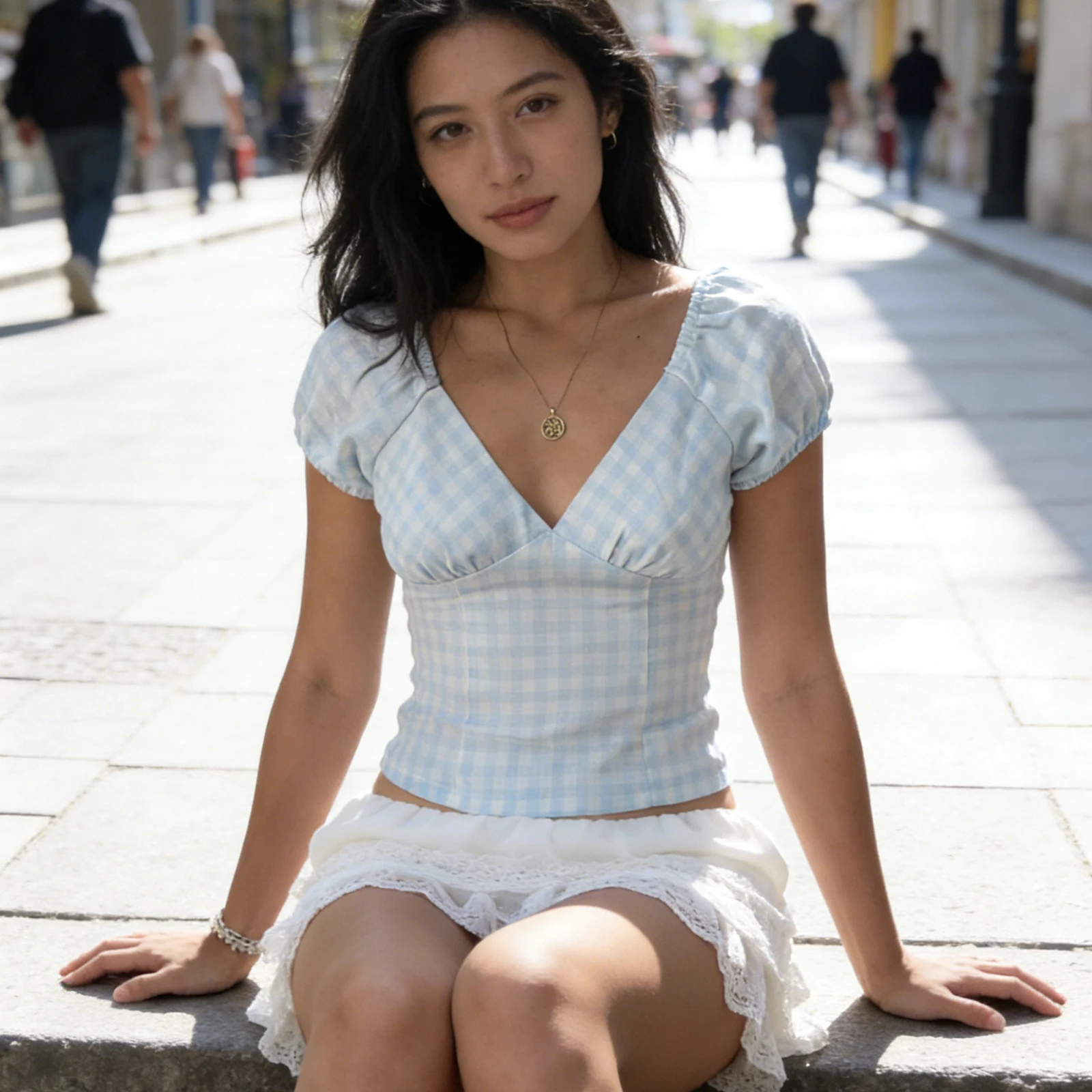 

Classic Womens Summer Shirt Puff Short Sleeve Deep V Neck Plaid Print Fashion Slim Fit Crop Tops