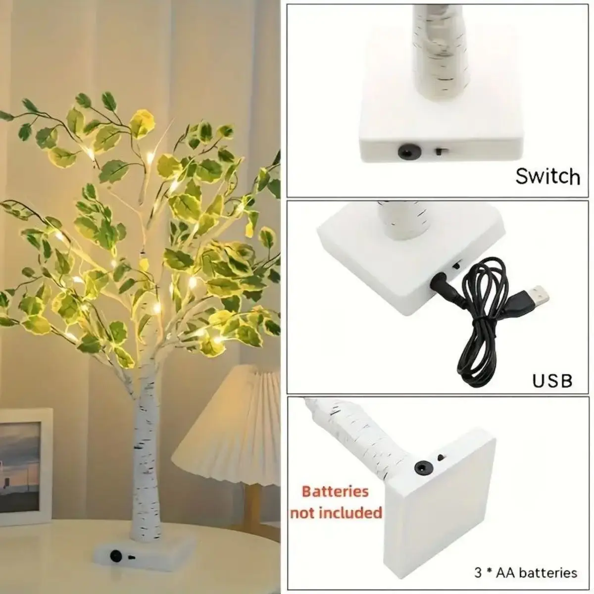 24 LED green leaf artificial birch light, battery operated decorative light for Christmas and holiday decoration