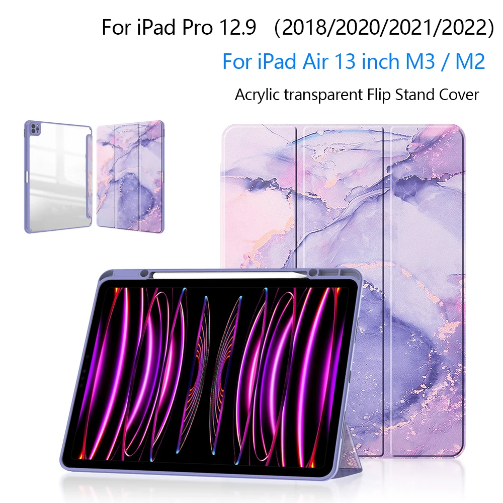 For iPad Pro 12.9 3rd 4th 5th 6th Gen Case With Pen Holder Trifold Acrylic Clear Back Hard Cover For iPad Air 13 inch M3 M2 Case