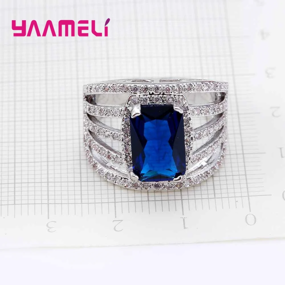 Top Selling Charming Shiny Blue Lucky Crystal Stone Ring Banquet Woman Jewelry 925 Sterling Silver For Wedding Prom