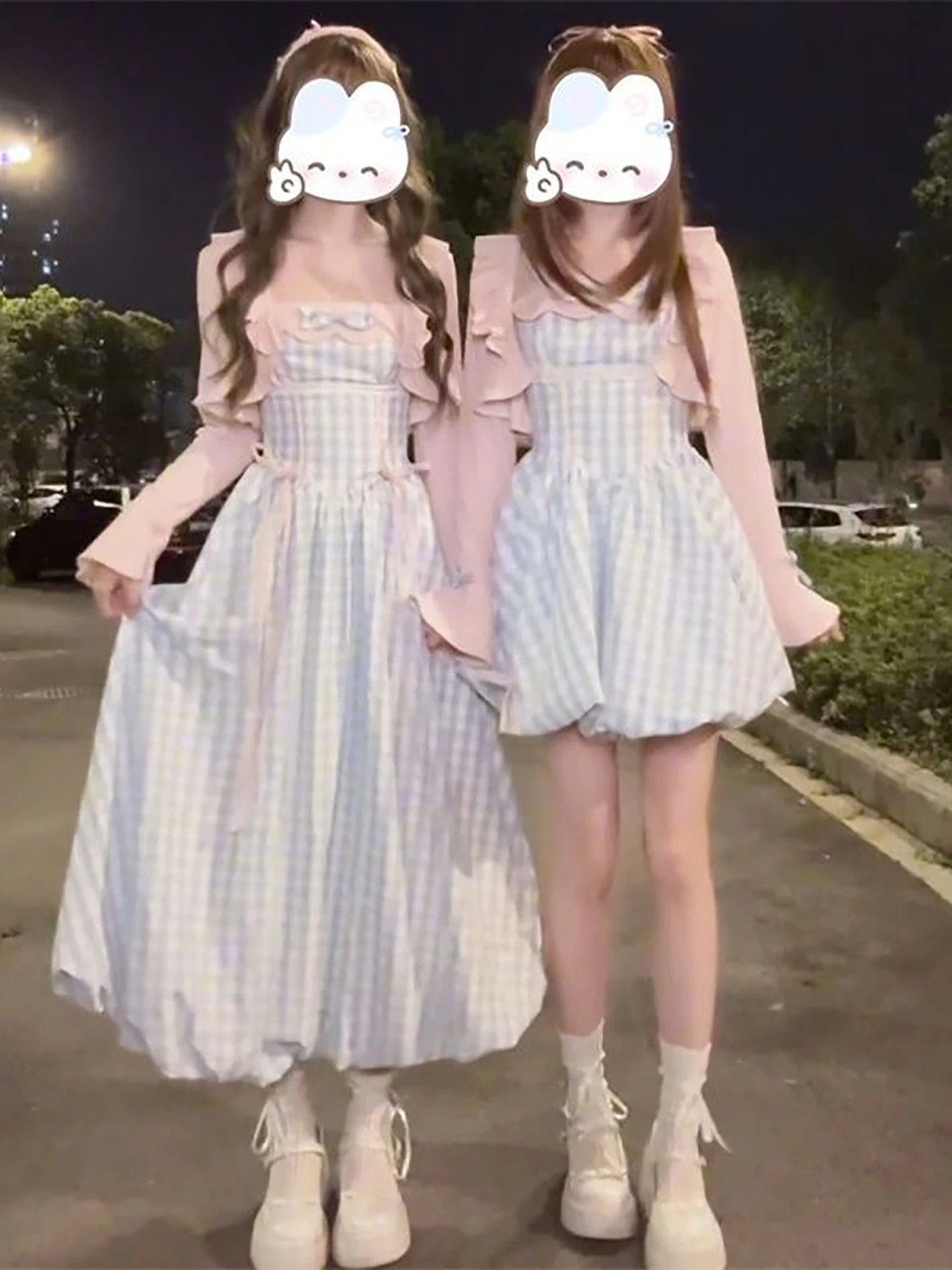 

Sweet Cute Knot Plaid Flower Bud Dress Student Pink Open Cardigan Shoulder Wrap Women's Fashion Spring Outfit Set