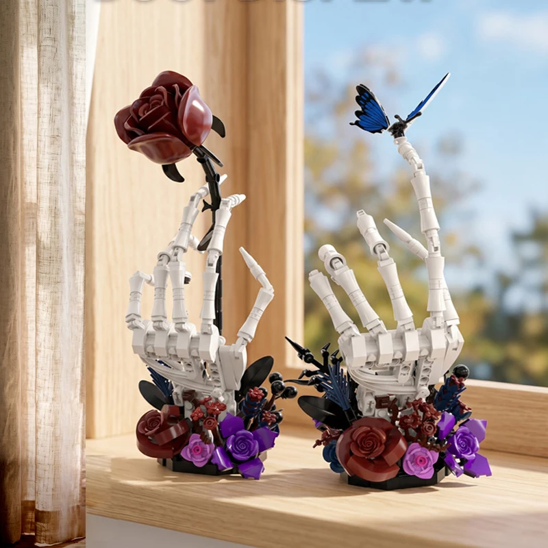 

Gothic Skeleton Butterfly Rose Building Blocks Blue Nether Butterfly Bone Blood-Red Rose Flower and Insects Kit Toy Adult Gift