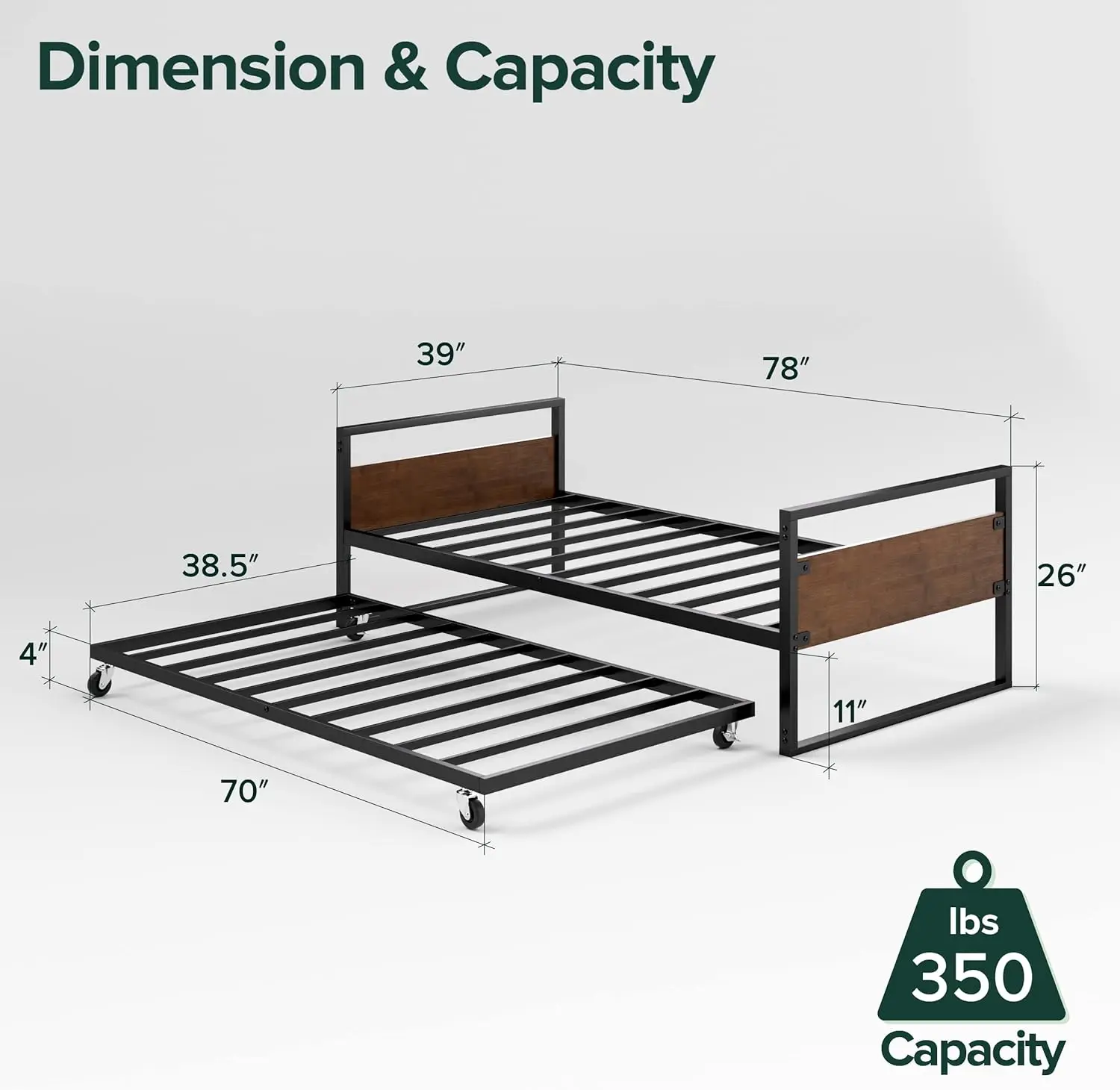 ZINUS 488 Daybed in bambù e metallo con rotelle/fondotinta per materasso con supporto a doghe in acciaio/facile montaggio, Twin