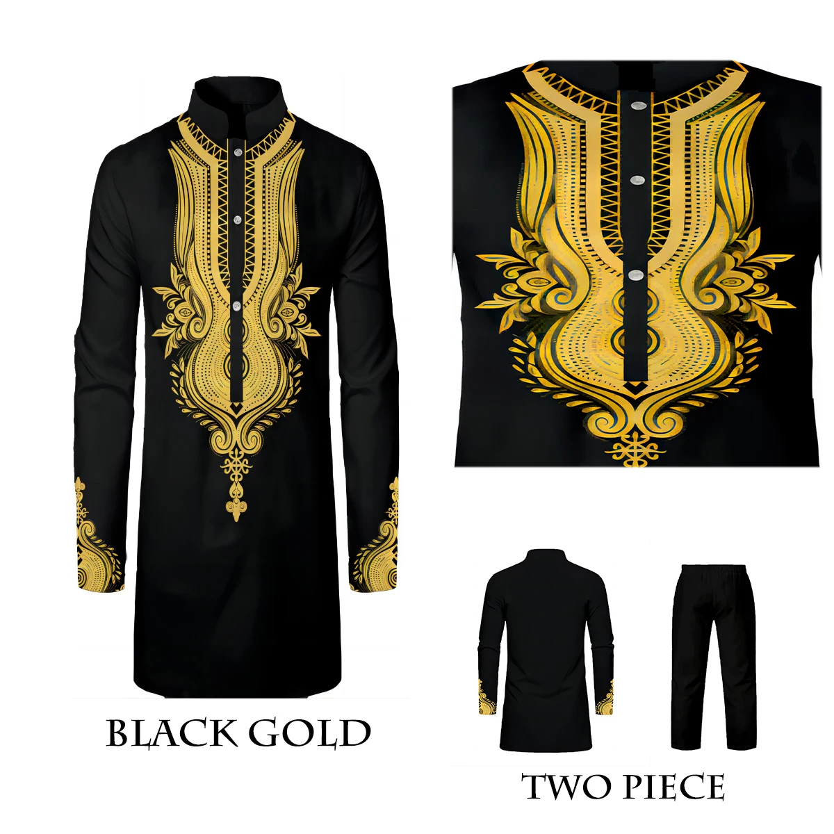 Black Men's Two Piece African Style Metallic Traditional Clothing Gold Bronzing Floral Shirt and Pants Set