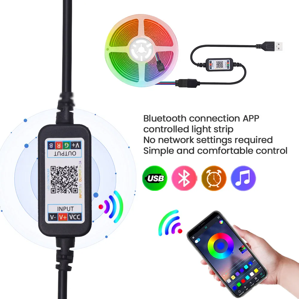 Imagem -04 - Fita Led Compatível com Bluetooth dc 5v Rgb Cob Usb Power 24key Kit 44key Controle Remoto Fita Flexível 576led Lâmpada Linear