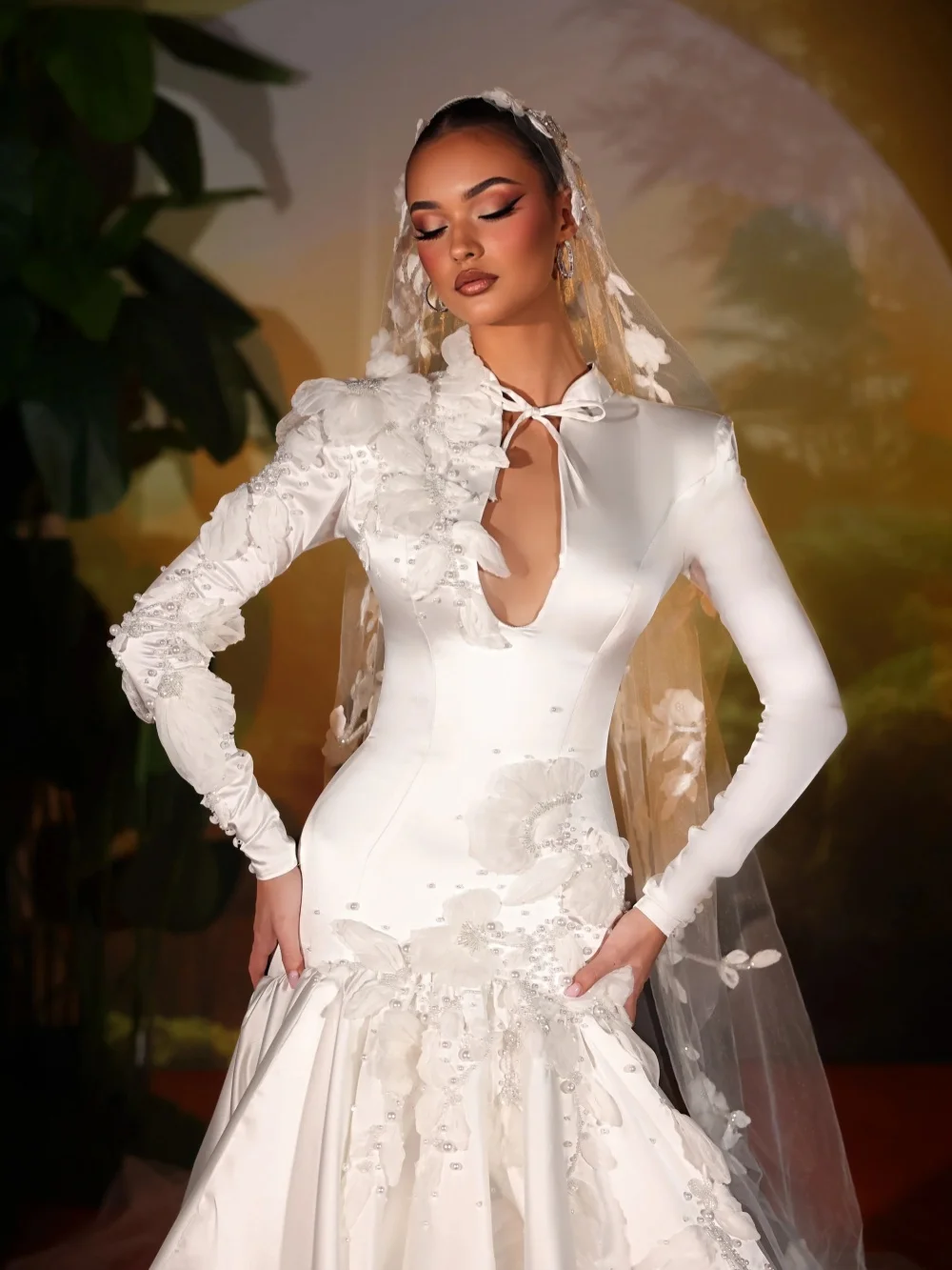 Dreamy White 3D Floral Satin Wedding Dress Shinny Pearls Mermaid Long Bridal Gown New Customzied Gorgeous Dresses For Bride