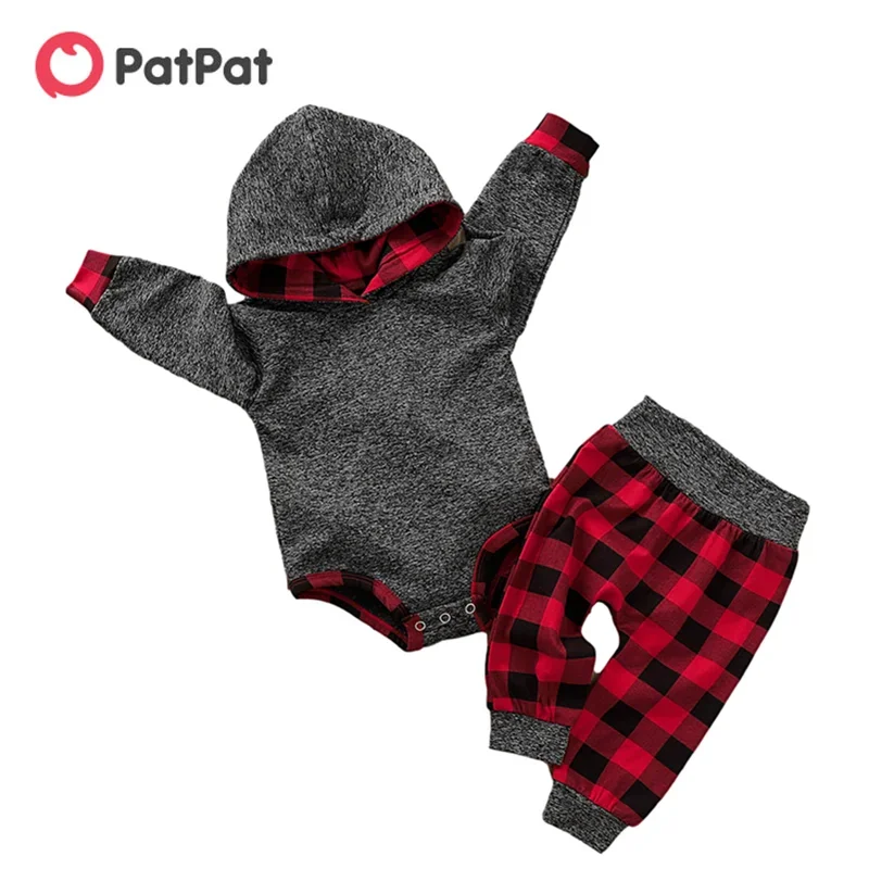 

PatPat Baby Boy Trendy 2pcs Solid Long-sleeve Hooded Bodysuit and Plaid Print Pants Sets Baby Boy Clothes Set