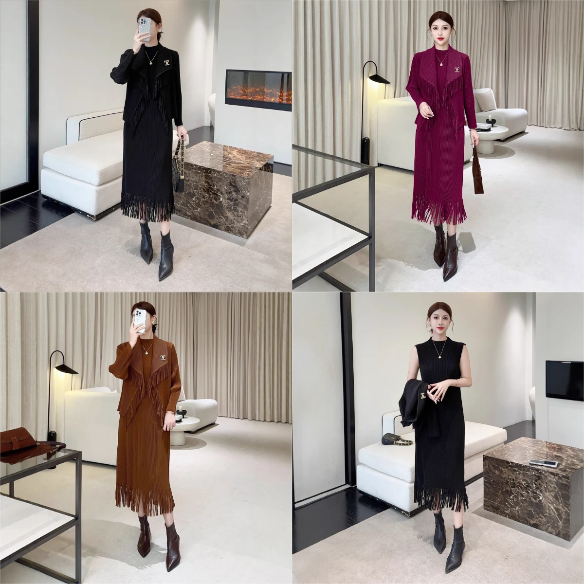 

Miyake Pleated Autumn Light Mature Style Dressing Set, Fashionable Commuting Tassel Jacket, Vest Skirt Pleated Two-piece Set