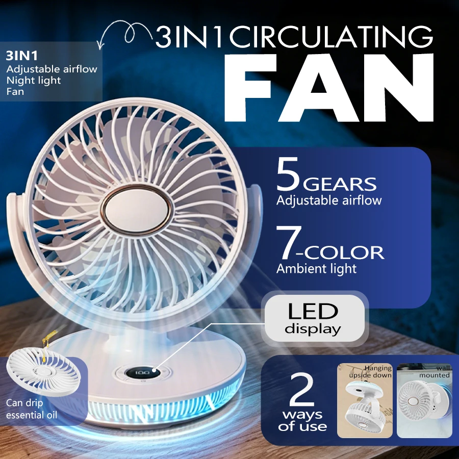5 Speeds Portable Table Fan, 7 Color Light, 1-8H Timer, LED Display, Hanging USB Fan Quiet Wall Mounted Fan Rechargeable