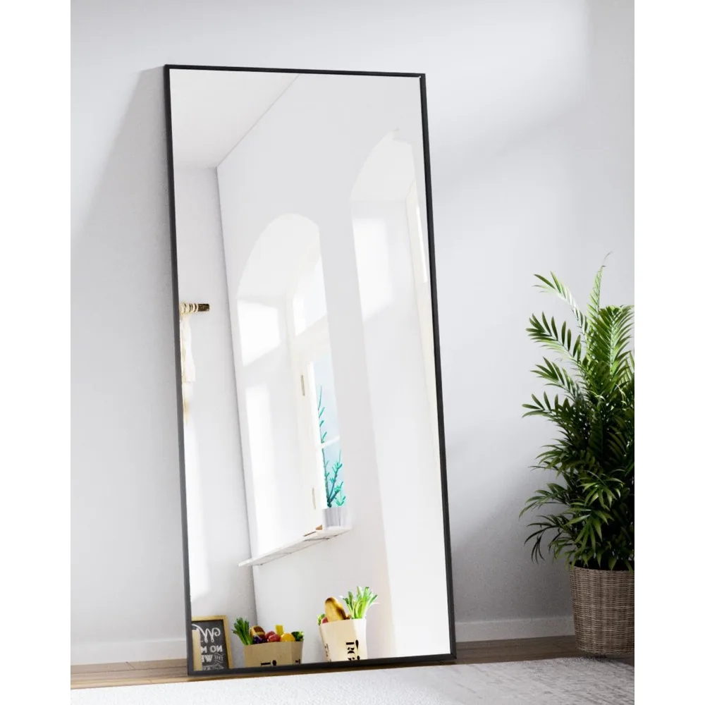 Прямоугольное напольное зеркало 71x30 дюймов, полноразмерное настенное зеркало, подвесное или наклонное, полноразмерное зеркало с рамкой из алюминиевого сплава, черное