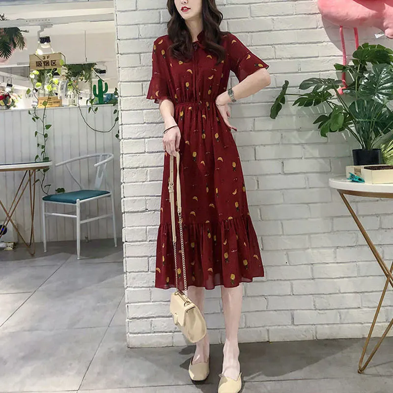 Summer V-Neck Stylish Drawstring Midi Dress Elegant A-Line Waist Female Clothing Casual Printed Elegant Ruffles Spliced Dresses