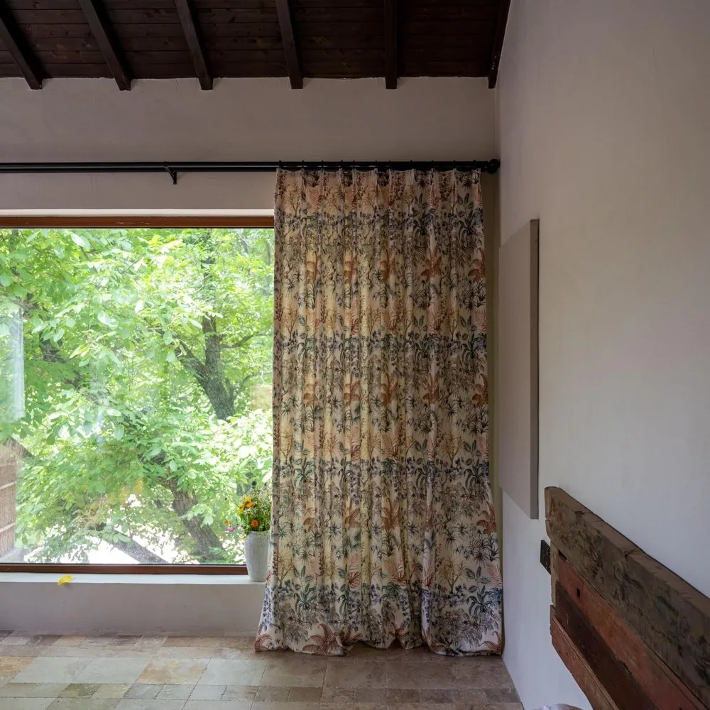 Rideaux semi-collants en mélange de lin pour salon, 84 pouces, style bohème avec motif floral botanique, idéal pour le drapeau de fenêtre