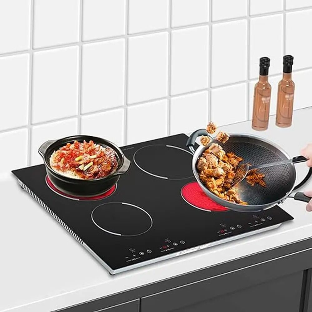 4 Burner Electric Cooktop Hob Stove Sensor Touch 3000W 9 Heat Settings Black Crystal Plate Galvanized Steel Protective Package