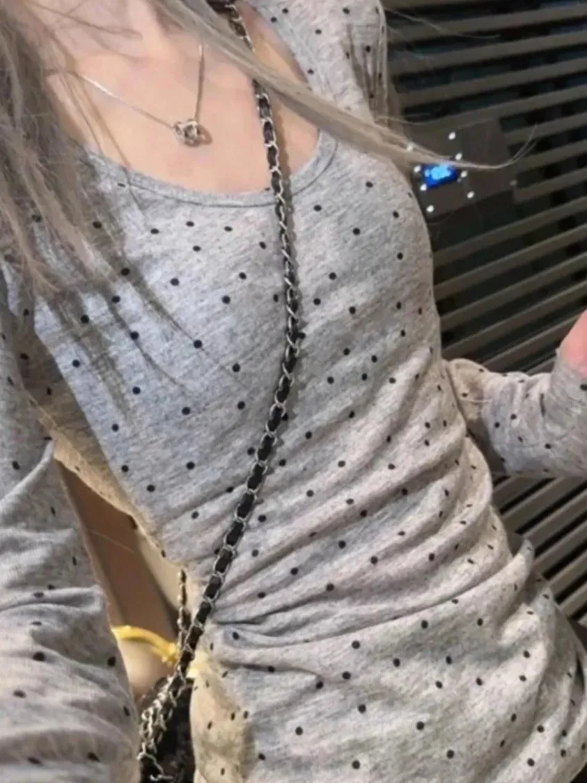 Korean Basic Polka Dot Women's U-Neck Top Slimming Inner Wear Pure Desire Style Long Sleeve Casual Fashion plus Size