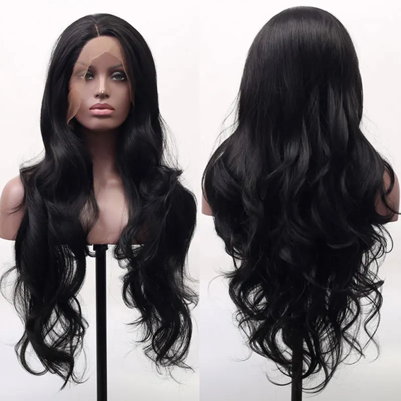 

Jet Black Natural Wave Synthetic 13x4 Lace Front Wigs High Quality Heat Resistant Fiber Hair Side Parting For Women Cosplay Wig