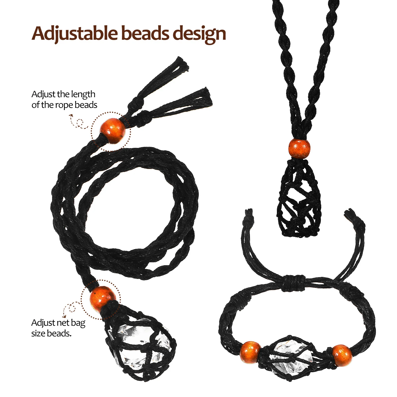 2 Pcs Natural Stone Mesh Black Necklace Bracelet Set Crystal Necklaces Cage Cord Holder Sterling Silver Manual