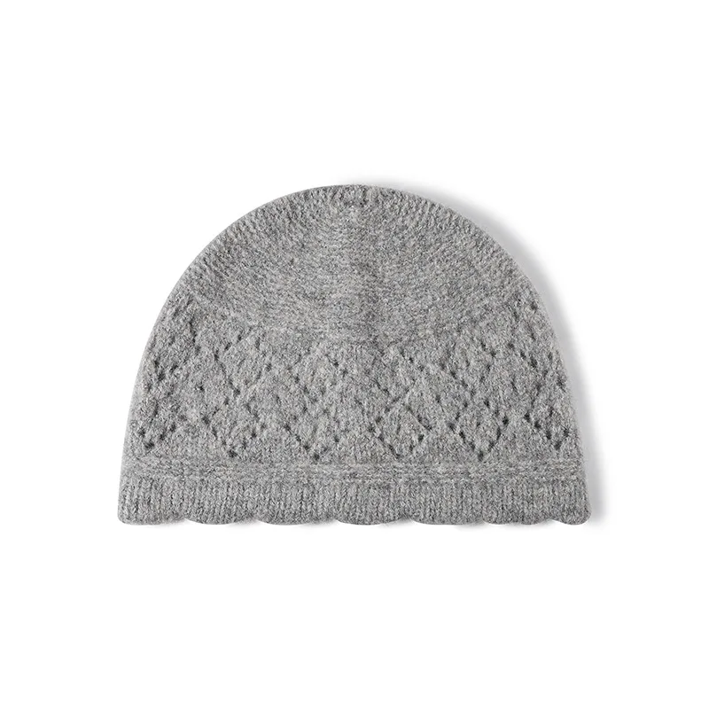 Wool Blend Openwork Knit Beanie for Women Scalloped Edge Soft Warm Winter Hollow Knitted Hat Daily Casual Cap