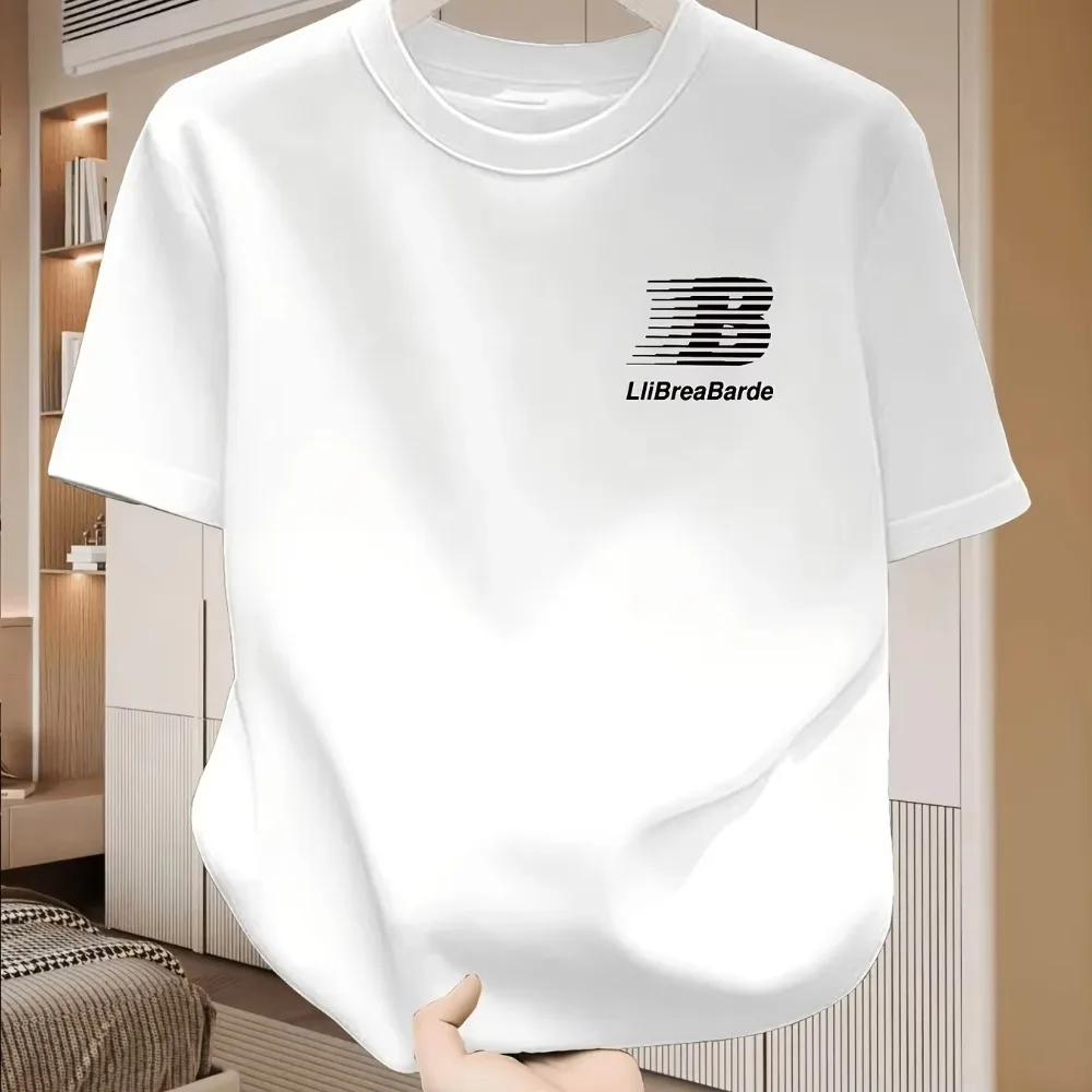 2026 New Men Casual Round Neck Short Sleeve T-Shirt, Striped Letter Print, Loose Cut, Fashion Trendy Item For Daily Going Out
