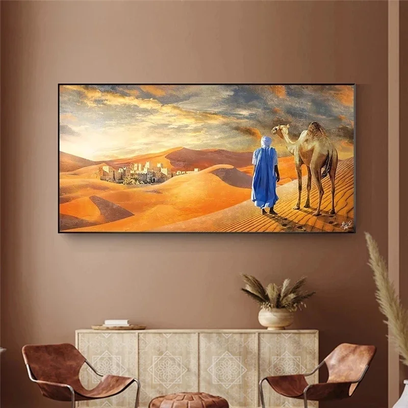 Affiches et imprimés de paysage du désert pour hommes et chameaux, peinture sur toile pour salon, artiste mural, décoration de la maison