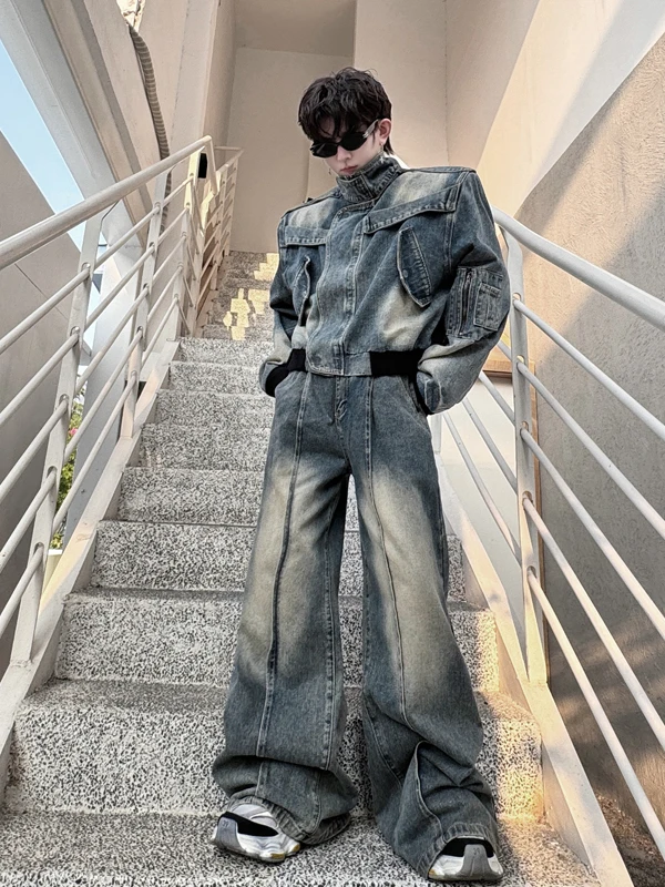 2025 الرجال الخريف جديد قطعتين مجموعات النمط الأمريكي شارع العليا العصرية 2 قطعة الذكور الوقوف طوق الدنيم الستر فضفاضة واسعة الساق السراويل