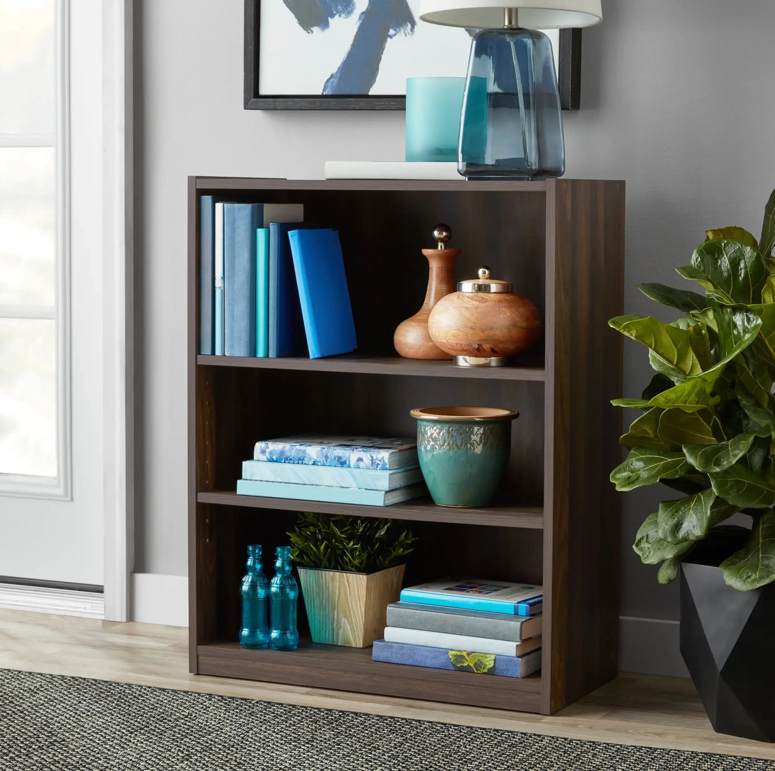 3-Shelf Bookcase with Adjustable Shelves Canyon Walnut Sturdy Bookcase with 2 Adjustable Shelves and 1 Fixed Shelf