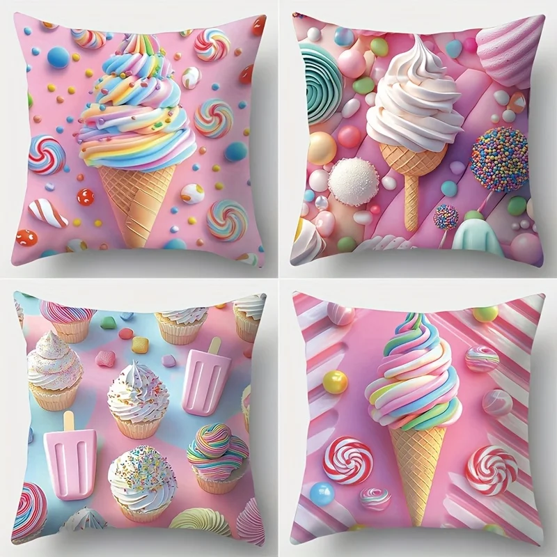 Set of Cute Candy Sprinkle Pattern Pillowcase Covers 4pcs Kawaii Sweets Throw Cushion Bedding Decor Home Accessories 45x45cm Mat
