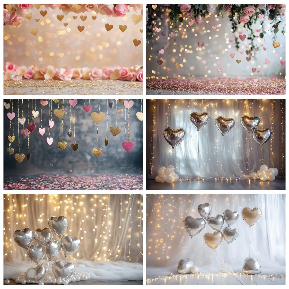 

Glitter February 14th Party Backdrop Shiny Spots Love Heart Ballloon Valentine's Day Photography Background Photostudio Supplies